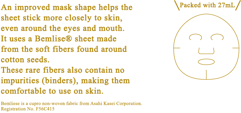 マスクの形状を見直したことで、目もと・口もとまで肌にすいつくようにフィット。コットンの種のまわりのやわらかな綿毛から生まれたベンリーゼ®シートを使用。希少性が高く、不純物(バインダー)を含まないので、肌にやさしい使い心地です。 ベンリーゼは®旭化成（株）のキュプラ不織布です。登録NO.F56C415