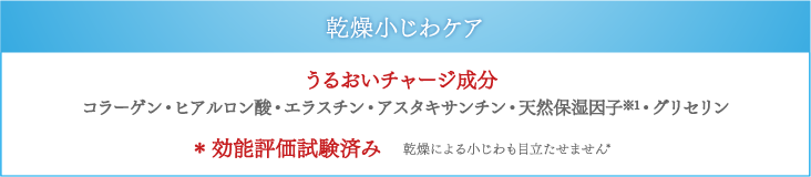 乾燥小じわケア うるおいチャージ成分 コラーゲン・ヒアルロン酸・エラスチン・アスタキサンチン・天然保湿因子※1・グリセリン ＊ 効能評価試験済み　乾燥による小じわも目立たせません*