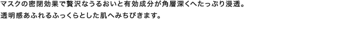 マスクの密閉効果で贅沢なうるおいと有効成分が角層深くへたっぷり浸透。透明感あふれるふっくらとした肌へみちびきます。