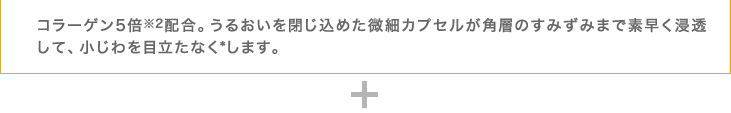 コラーゲン5倍※2配合。うるおいを閉じ込めた微細カプセルが角層のすみずみまで素早く浸透して、小じわを目立たなく*します。