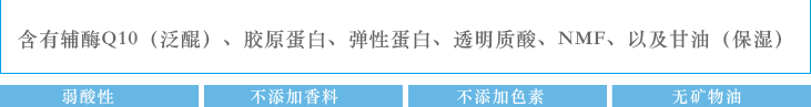 含有辅酶Q10、阿甘油、胶原蛋白、透明质酸、Lipidure®、天然保湿因子及甘油（保湿）：弱酸性　不添加香料　不添加色素　无矿物油