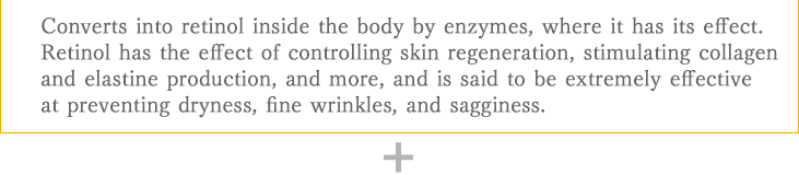 Converts into retinol inside the body by enzymes, where it has its effect. Retinol has the effect of controlling skin regeneration, stimulating collagen and elastine production, and more, and is said to be extremely effective at preventing dryness, fine wrinkles, and sagginess.