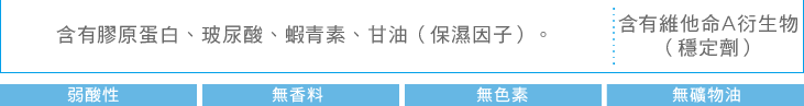 含有膠原蛋白、玻尿酸、蝦青素、甘油（保濕因子）。 含有維他命A衍生物（穩定劑） 弱酸性 無香料  無色素 無礦物油 