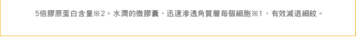 コラーゲン5倍※2配合。うるおいを閉じ込めた微細カプセルが角層のすみずみまで素早く浸透して、小じわを目立たなく*します。