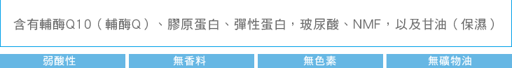 コエンザイムQ10（ユビキノン）・コラーゲン・エラスチン・ヒアルロン酸・NMF・グリセリン（保湿）配合：弱酸性　無香料　無着色　無鉱物油