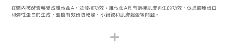 在體內被酵素轉變成維他命A，並發揮功效。維他命A具有調控肌膚再生的功效，促進膠原蛋白和彈性蛋白的生成，並能有效預防乾燥、小細紋和肌膚鬆弛等問題。