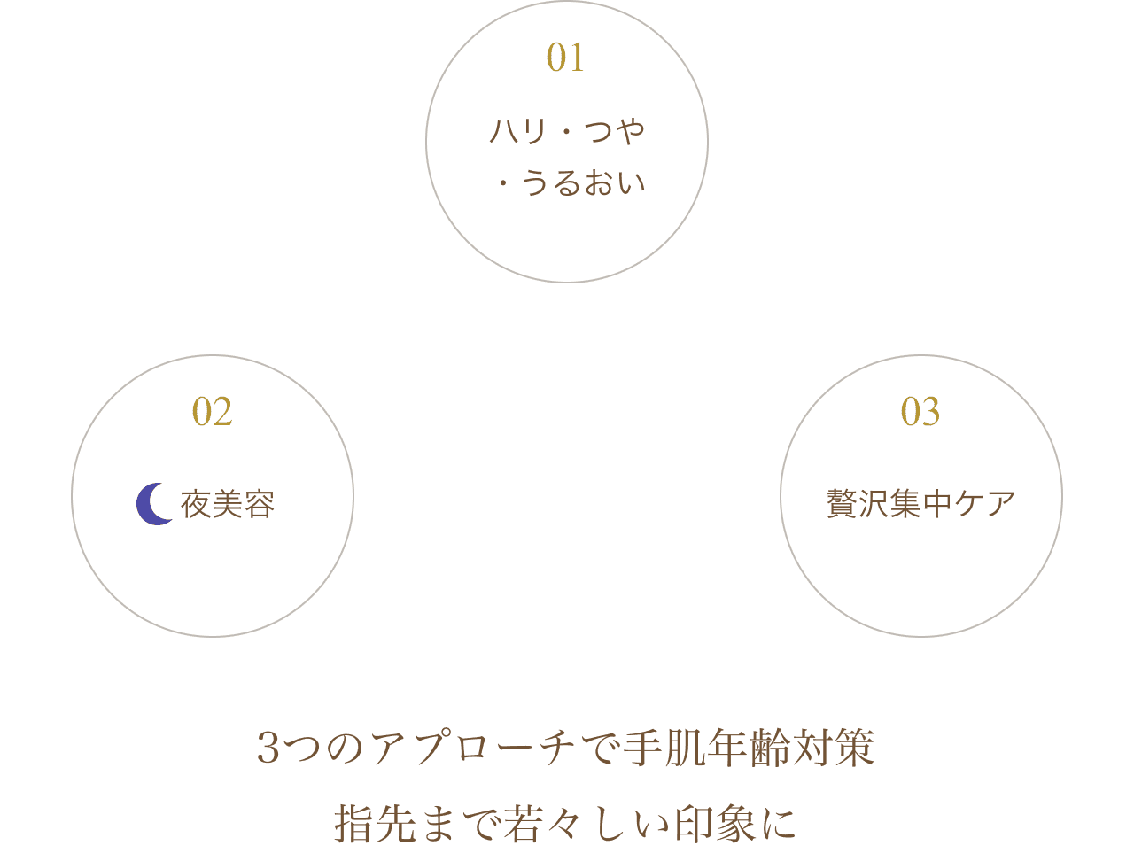 01ハリ・つや・うるおい 02夜美容 03贅沢集中ケア 3つのアプローチで手肌年齢対策 指先まで若々しい印象に