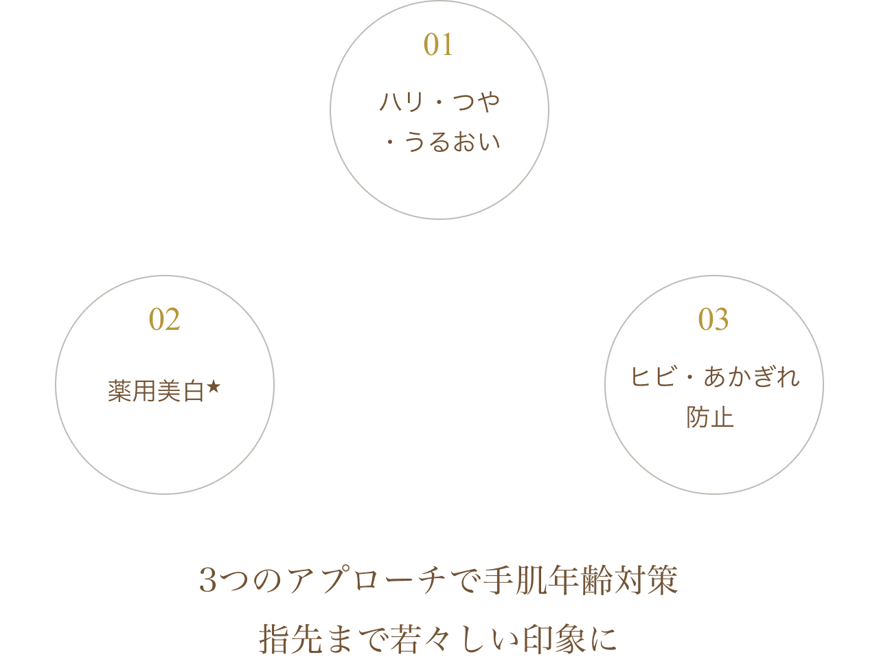 01ハリ・つや・うるおい 02薬用美白 03ヒビ・あかぎれ防止 3つのアプローチで手肌年齢対策 指先まで若々しい印象に