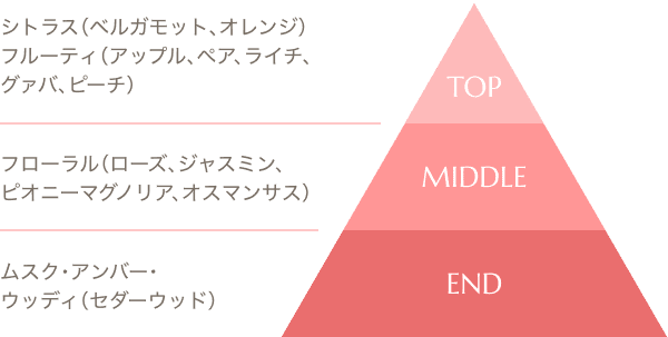 シトラス（ベルガモット、オレンジ） フルーティ（アップル、ペア、ライチ、グァバ、ピーチ）　フローラル（ローズ、ジャスミン、ピオニーマグノリア、オスマンサス）　ムスク・アンバー・ウッディ（セダーウッド）