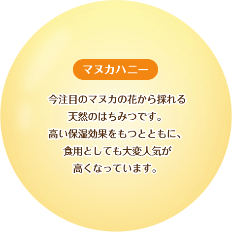 【マヌカハニー】今注目のマヌカの花から採れる天然のはちみつです。高い保湿効果をもつとともに、食用としても大変人気が高くなっています。