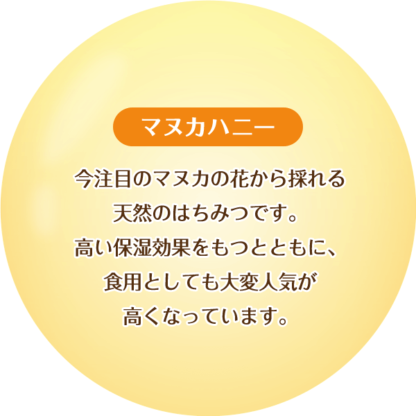 【マヌカハニー】今注目のマヌカの花から採れる天然のはちみつです。高い保湿効果をもつとともに、食用としても大変人気が高くなっています。