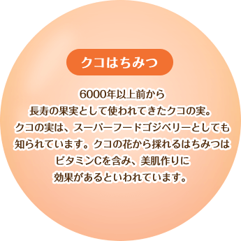 【クコはちみつ】6000年以上前から長寿の果実として使われてきたクコの実。クコの実は、スーパーフードゴジベリーとしても知られています。クコの花から採れるはちみつはビタミンCを含み、美肌作りに効果があるといわれています。