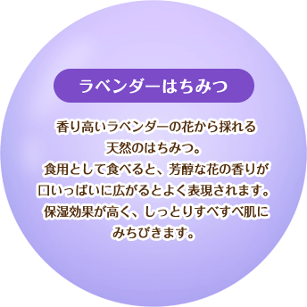 【ラベンダーはちみつ】香り高いラベンダーの花から採れる天然のはちみつ。食用として食べると、芳醇な花の香りが口いっぱいに広がるとよく表現されます。保湿効果が高く、しっとりすべすべ肌にみちびきます。