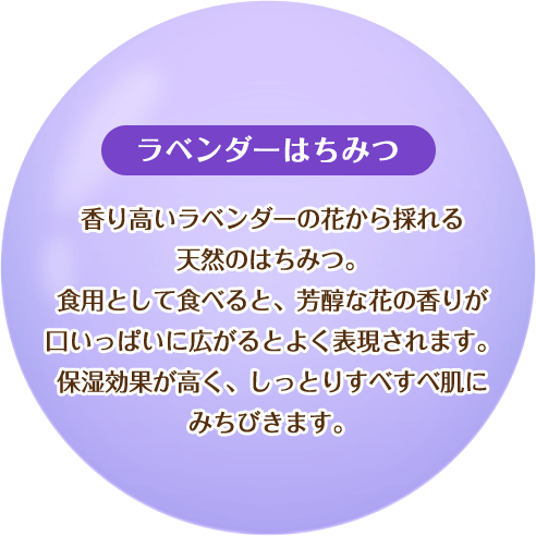 【ラベンダーはちみつ】香り高いラベンダーの花から採れる天然のはちみつ。食用として食べると、芳醇な花の香りが口いっぱいに広がるとよく表現されます。保湿効果が高く、しっとりすべすべ肌にみちびきます。