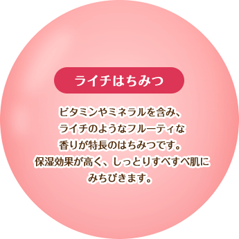 【ライチはちみつ】ビタミンやミネラルを含み、ライチのようなフルーティな香りが特徴のはちみつです。保湿効果が高く、しっとりすべすべ肌にみちびきます。