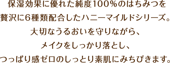 保湿効果に優れた純度100％のはちみつを贅沢に6種類配合したハニーマイルドシリーズ。大切なうるおいを守りながら、メイクをしっかり落とし、つっぱり感ゼロのしっとり素肌にみちびきます。